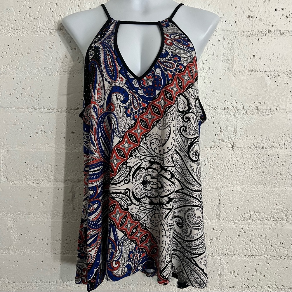In Bloom Womens Top XL Paisley Strappy Keyhole Geometric Sleeveless Halter Q18